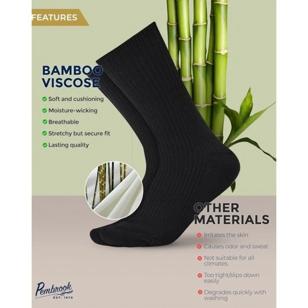 Pembrook‎ Bamboo Diabetic Socks  6 Pairs Crew Length  Sz Medium Black